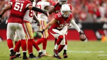 El free safety Tyrann Mathieu celebra una intercepci&oacute;n en el segundo cuarto frente a los San Francisco 49ers.