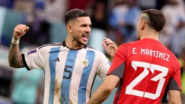 LUSAIL CITY, QATAR - DECEMBER 9: Leandro Paredes of Argentina celebrates scoring his penalty kick with Argentina goalkeeper Emiliano Martinez aka Damian Martinez during the penalty shootout of the FIFA World Cup Qatar 2022 quarter final match between Netherlands and Argentina at Lusail Stadium on December 09, 2022 in Lusail City, Qatar. (Photo by Jean Catuffe/Getty Images)