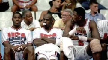 Magic Johnson, Michael Jordan y Pat Ewing, durante los Juegos de Barcelona 1992. Formaron parte del Dream Team junto a Larry Bird.