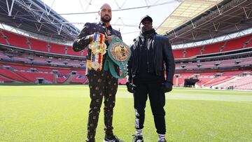 Tyson Fury y Dillian Whyte durante la rueda de prensa de presentaci&oacute;n de su combate.