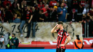 Leverkusen's Italian forward Lucas Alario reacts after the German first division Bundesliga football match Bayer 04 Leverkusen v RB Leipzig in Leverkusen, western Germany on April 17, 2022. (Photo by UWE KRAFT / AFP) / DFL REGULATIONS PROHIBIT ANY USE OF PHOTOGRAPHS AS IMAGE SEQUENCES AND/OR QUASI-VIDEO