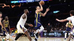 Stephen Curry #30 of the Golden State Warriors shoots past the defense of LeBron James #23 of the Los Angeles Lakers during the second half of a game at Crypto.com Arena on March 16, 2024 in Los Angeles, California.
