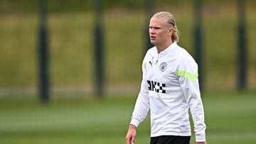 Manchester City's Norwegian striker Erling Haaland reacts as he takes part in a team training session at Manchester City training ground in Manchester, north-west England on June 6, 2023, ahead of their UEFA Champions League final football match against Inter Milan.