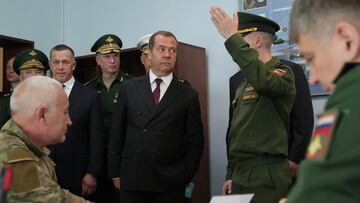 Deputy head of Russia's Security Council Dmitry Medvedev visits a contract military service recruitment office in the far eastern city of Yuzhno-Sakhalinsk, Russia, September 3, 2023. Sputnik/Yekaterina Shtukina/Pool via REUTERS ATTENTION EDITORS - THIS IMAGE WAS PROVIDED BY A THIRD PARTY.