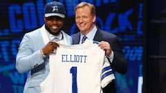 Apr 28, 2016; Chicago, IL, USA; Ezekiel Elliott (Ohio State) with NFL commissioner Roger Goodell after being selected by the Dallas Cowboys as the number four overall pick in the first round of the 2016 NFL Draft at Auditorium Theatre. Mandatory Credit: Jerry Lai-USA TODAY Sports