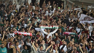 Fans of Fluminense celebrate their team's victory during the all-Brazilian Copa Libertadores semifinals second leg football match between Internacional and Fluminense, at the Beira-Rio stadium in Porto Alegre, Brazil, on October 4, 2023. (Photo by MAURO PIMENTEL / AFP)