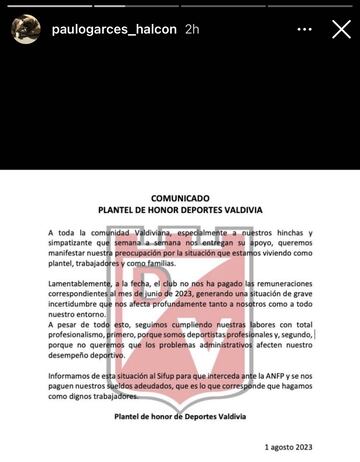 El comunicado del plantel de Deportes Valdivia.