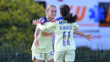 Aylin Avilez celebrates her goal 1-0 with Sarah Luebbert of America during the game America vs Necaxa, corresponding to Round 14 of the Torneo Apertura 2023 of the Womens Liga BBVA MX, at Cancha Centenario, on October 12, 2023.
<br><br>
Aylin Avilez celebra su gol 1-0 con Sarah Luebbert de America durante el partido America vs Necaxa, correspondiente a la Jornada 14 del Torneo Apertura 2023 de la Liga BBVA MX Femenil, en Cancha Centenario, el 12 de Octubre de 2023