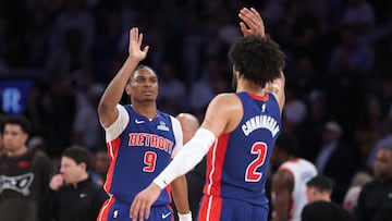 NEW YORK, NEW YORK - APRIL 29: Ausar Thompson #9 and Cade Cunningham #2 of the Detroit Pistons celebrate after a play during the second half in Game Five of the Eastern Conference First Round NBA Playoffs against the New York Knicks at Madison Square Garden on April 29, 2025 in New York City. NOTE TO USER: User expressly acknowledges and agrees that, by downloading and or using this photograph, User is consenting to the terms and conditions of the Getty Images License Agreement. Sarah Stier/Getty Images/AFP (Photo by Sarah Stier / GETTY IMAGES NORTH AMERICA / Getty Images via AFP)