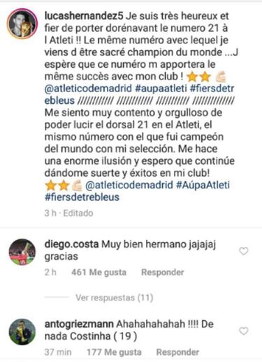 Ya hay dorsales en el Atlético: Lucas, Costa y Correa cambian