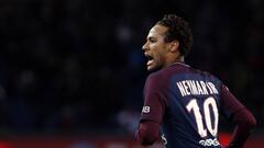 PSG&#039;s Neymar celebrates after scoring during his French League One soccer match between Paris-Saint-Germain and Dijon, at the Parc des Princes stadium in Paris, France, Wednesday, Jan.17, 2018. (AP Photo/Thibault Camus)