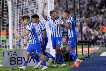    Luis Romo celebrates his goal 1-1 of Monterrey  during the 15th round match between Monterrey an Tigres UANL as part of the Torneo Clausura 2024 Liga BBVA MX at BBVA Bancomer Stadium on April 13, 2024 in Monterrey, Nuevo Leon, Mexico.