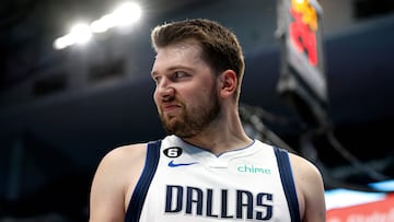 DALLAS, TEXAS - APRIL 07: Luka Doncic #77 of the Dallas Mavericks reacts after being fouled in the first half against the Chicago Bulls at American Airlines Center on April 07, 2023 in Dallas, Texas. NOTE TO USER: User expressly acknowledges and agrees that, by downloading and or using this photograph, User is consenting to the terms and conditions of the Getty Images License Agreement.   Tim Heitman/Getty Images/AFP (Photo by Tim Heitman / GETTY IMAGES NORTH AMERICA / Getty Images via AFP)