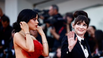 Cast members Jenna Ortega and Winona Ryder pose on the red carpet during arrivals for the screening of the film "Beetlejuice Beetlejuice" out of competition, during the 81st Venice Film Festival, Venice, Italy, August 28, 2024. REUTERS/Yara Nardi