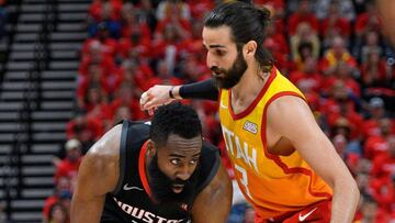 SALT LAKE CITY, UT - APRIL 20: James Harden #13 of the Houston Rockets looks to get past Ricky Rubio #3 of the Utah Jazz in the second half of Game Three during the first round of the 2019 NBA Western Conference Playoffs at Vivint Smart Home Arena on April 20, 2019 in Salt Lake City, Utah. NOTE TO USER: User expressly acknowledges and agrees that, by downloading and or using this photograph, User is consenting to the terms and conditions of the Getty Images License Agreement.   Gene Sweeney Jr./Getty Images/AFP
 == FOR NEWSPAPERS, INTERNET, TELCOS &amp; TELEVISION USE ONLY ==