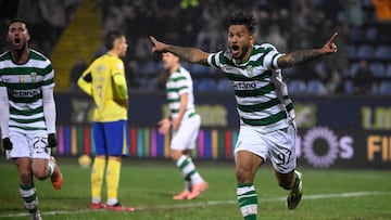 Sporting Lisbon's Colombian forward #97 Luis Suarez celebrates scoring his team's second goal during the Portuguese League football match between FC Arouca and Sporting CP at the Municipal de Arouca stadium in Aveiro on January 24, 2026. (Photo by Miguel RIOPA / AFP)