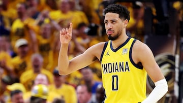INDIANAPOLIS, INDIANA - JUNE 19: Tyrese Haliburton #0 of the Indiana Pacers reacts during the second quarter against the Oklahoma City Thunder in Game Six of the 2025 NBA Finals at Gainbridge Fieldhouse on June 19, 2025 in Indianapolis, Indiana. NOTE TO USER: User expressly acknowledges and agrees that, by downloading and or using this photograph, User is consenting to the terms and conditions of the Getty Images License Agreement. Maddie Meyer/Getty Images/AFP (Photo by Maddie Meyer / GETTY IMAGES NORTH AMERICA / Getty Images via AFP)