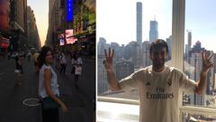 Mamen Sanz, la mujer de Raúl González Blanco y Raúl con la camiseta del Real Madrid celebrando la Liga en Nueva York.