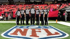 ATLANTA, GA - OCTOBER 23: Members of the NFL Referee crew Michael Banks #72, Greg Meyer #78, Bruce Stritesky #102, Phil McKinnely #110, Head Referee Bill Vinovich #52, Mark Perlman #9, and Gary Cavaletto #60 (L-R) pose for a photograph before the game between Atlanta Falcons and the San Diego Chargers before the game at the Georgia Dome on October 23, 2016 in Atlanta, Georgia.   Scott Cunningham/Getty Images/AFP
 == FOR NEWSPAPERS, INTERNET, TELCOS &amp; TELEVISION USE ONLY ==