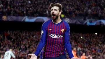 FILE PHOTO: Soccer Football - Champions League - Round of 16 Second Leg - FC Barcelona v Olympique Lyonnais - Camp Nou, Barcelona, Spain - March 13, 2019  Barcelona's Gerard Pique celebrates scoring their fourth goal                REUTERS/Juan Medina/File Photo