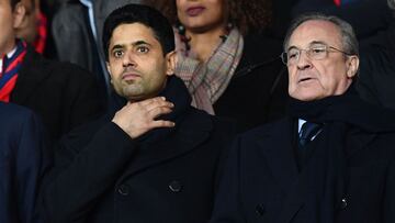 Paris Saint-Germain's Qatari president Nasser Al-Khelaifi (L) and Real Madrid's Spanish president Florentino Perez attend the UEFA Champions League round of 16 second leg football match between Paris Saint-Germain (PSG) and Real Madrid on March