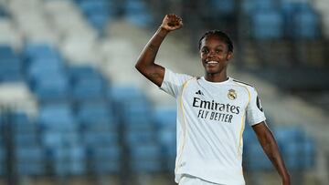 VALDEBEBAS, SPAIN - SEPTEMBER 18: Linda Lizeth Caicedo Alegria of Real Madrid CF celebrates a goal during the UEFA Women's Champions League qualifier match between Real Madrid and Eintracht Frankfurt at Estadio Alfredo Di Stefano on September 18, 2025 in Madrid, Spain. (Photo By Oscar J. Barroso/Europa Press via Getty Images)