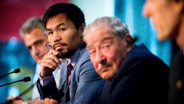 Manny Pacquiao durante la rueda de prensa previa a su combate con Jeff Horn en Australia.