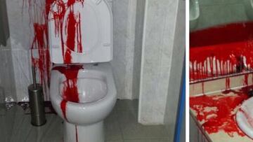 El círculo amarillo señala el bote de pintura roja que la plantilla azulgrana hizo llegar de alguna manera al vestuario del Getafe y con el que causaron desperfectos.