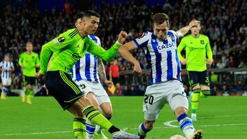 Soccer Football - Europa League - Group E - Real Sociedad v Manchester United - Reale Arena, San Sebastian, Spain - November 3, 2022 Manchester United's Cristiano Ronaldo in action with Real Sociedad's Jon Pacheco REUTERS/Vincent West