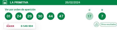 La Primitiva: comprobar los resultados del sorteo de hoy, lunes 26 de febrero