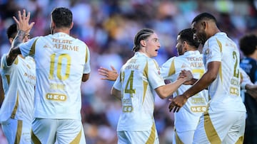 Marcelo Flores celebrates his goal 0-2 with Andre-Pierre Gignac, Joaquin Pereira, Juan Brunetta of Tigres during the 11th round match between Queretaro and Tigres UANL as part of the Liga BBVA MX, Torneo Apertura 2025 at La Corregidora Stadium, on September 28, 2025 in Santiago de Queretaro, Mexico.