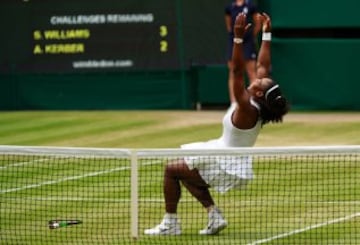 Serena Williams of The United States celebrates victory following The Ladies Singles Final against Angelique Kerber of Germany on day twelve of the Wimbledon Lawn Tennis Championships at the All England Lawn Tennis and Croquet Club on July 9, 2016 in Lond