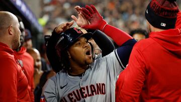 Oct 10, 2024; Detroit, Michigan, USA; Cleveland Guardians third base Jose Ramírez (11) celebrates after hitting a home run in the fifth inning against the Detroit Tigers during game four of the ALDS for the 2024 MLB Playoffs at Comerica Park. Mandatory Credit: Rick Osentoski-Imagn Images