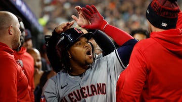 Oct 10, 2024; Detroit, Michigan, USA; Cleveland Guardians third base Jose Ramírez (11) celebrates after hitting a home run in the fifth inning against the Detroit Tigers during game four of the ALDS for the 2024 MLB Playoffs at Comerica Park. Mandatory Credit: Rick Osentoski-Imagn Images