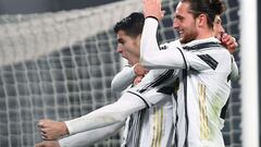 Turin (Italy), 06/03/2021.- Juventus&#039; Alvaro Morata (L) celebrates with teammate Adrien Rabiot (R) after scoring the 3-1 lead from the penalty spot during the Italian Serie A soccer match between Juventus FC and SS Lazio in Turin, Italy, 06 March 202