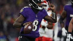 BALTIMORE, MARYLAND - JANUARY 28: Lamar Jackson #8 of the Baltimore Ravens looks to pass against the Kansas City Chiefs during the fourth quarter in the AFC Championship Game at M&T Bank Stadium on January 28, 2024 in Baltimore, Maryland.   Patrick Smith/Getty Images/AFP (Photo by Patrick Smith / GETTY IMAGES NORTH AMERICA / Getty Images via AFP)