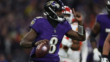 BALTIMORE, MARYLAND - JANUARY 28: Lamar Jackson #8 of the Baltimore Ravens looks to pass against the Kansas City Chiefs during the fourth quarter in the AFC Championship Game at M&T Bank Stadium on January 28, 2024 in Baltimore, Maryland.   Patrick Smith/Getty Images/AFP (Photo by Patrick Smith / GETTY IMAGES NORTH AMERICA / Getty Images via AFP)