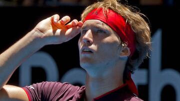 Alexander Zverev of Germany reacts while playing against Vasek Pospisil of Canada  during their seventh session men&#039;s singles match on day five of the Hopman Cup tennis tournament in Perth on January 3, 2018. / AFP PHOTO / TONY ASHBY / --IMAGE RESTRI