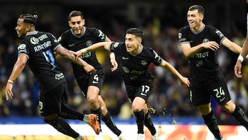 Alejandro Zendejas (17) of America celebrates after scoring against Leon during their Mexican Clausura 2022 tournament football match at the Azteca stadium in Mexico City on April 20, 2022. (Photo by CLAUDIO CRUZ / AFP)