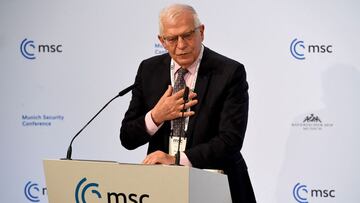 The High Representative of the European Union for Foreign Affairs and Security Policy Josep Borrell speaks at the Munich Security Conference (MSC) in Munich, southern Germany, on February 20, 2022. - During the 58th Munich Security Conference running from February 18-20, 2022, international diplomats and experts meet to discuss topics such as global order, human and transnational security, defense or sustainability. (Photo by Thomas KIENZLE / AFP)
