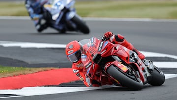 Ducati Lenovoi Team's Spanish MotoGP rider Marc Marquez takes part in a qualifying session of the MotoGP British Grand Prix at Silverstone circuit in Northamptonshire, central England, on May 24, 2025. (Photo by Adrian Dennis / AFP)