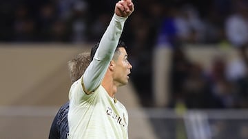 Nassr's Portuguese forward Cristiano Ronaldo gestures during the Saudi Pro League football match between Al-Fateh and Al-Nassr at the Prince Abdullah bin Jalawi Stadium in al-Hasa on February 3, 2023. (Photo by Ali ALDAIF / AFP)