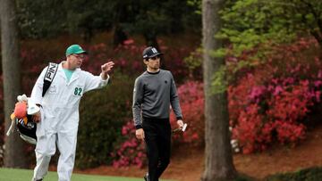 AUGUSTA, GEORGIA - APRIL 05: Joaquin Niemann of Chile walks with his caddie Gary Matthews on the 13th hole during a practice round prior to the Masters at Augusta National Golf Club on April 05, 2022 in Augusta, Georgia. (Photo by Gregory Shamus/Getty Images)