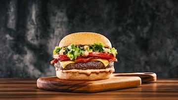 Cheeseburger with tomato and lettuce on wooden plank