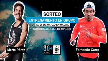 Cartel promocional del sorteo del entrenenamiento en grupo con Marta P&eacute;rez y Fernando Carro con motivo del reto #KMPorElPlaneta de WWF y la Hora del Planeta.