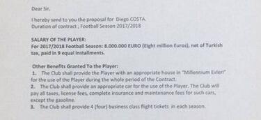 Diego Costa rechazó en 2017 una oferta del Fenerbahçe de 8M€