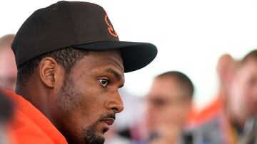 BEREA, OH - AUGUST 18: Deshaun Watson #4 of the Cleveland Browns listens to questions during a press conference prior to a joint practice with the Philadelphia Eagles at CrossCountry Mortgage Campus on August 18, 2022 in Berea, Ohio.   Nick Cammett/Getty Images/AFP
== FOR NEWSPAPERS, INTERNET, TELCOS & TELEVISION USE ONLY ==