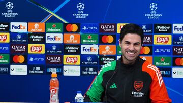 Arsenal's Spanish coach Mikel Arteta smiles during a press conference on the eve of the UEFA Champions League football match between Girona FC and Arsenal FC at the Montilivi stadium in Girona on January 28, 2025. (Photo by Manaure Quintero / AFP)