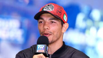 LAS VEGAS, NEVADA - AUGUST 11: Pedro Campa speaks during the press conference ahead of his NABF & WBO International junior welterweight fight with Teofimo Lopez, at Resorts World Las Vegas on August 11, 2022 in Las Vegas, Nevada. (Photo by Mikey Williams/Top Rank Inc via Getty Images)