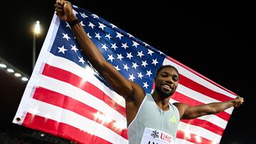 US' Noah Lyles celebrates after winning in the men's 200m final during the Diamond League athletics meeting at Stadion Letzigrund stadium in Zurich on August 31, 2023. (Photo by Fabrice COFFRINI / AFP)